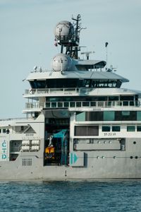 An ROV hanging over starboard side of OceanXplorer. (National Geographic/Mario Tadinac)