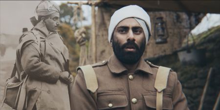 A composite image shows Medic Siddiq Ahmed next to actor Rishi Rian portraying him in a WW2 historic reenactment scene for "Erased: WW2's Heroes of Color." Medic Siddiq Ahmed was a member of Force K6, an Indian Regiment of mule handlers in WW2. Amidst the chaos of Dunkirk and the advancing German Army, one little-known Indian Regiment fights for victory and independence. (National Geographic)