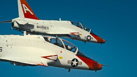 Student LTJG Andrew Seepe flies in close formation ahead of his dogfighting test. (Credit: National Geographic/Michael Fitzmaurice)