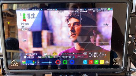 The camera monitor is in place for Gerd Serrasolses' interview.  (National Geographic/Gene Gallerano)