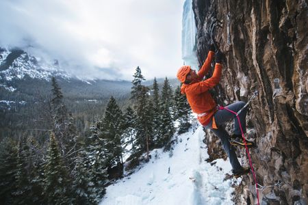 Conrad Anker ice climbing up Hyalite outside of Bozeman, Montana. (Credit: Max Lowe)