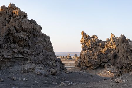 The towering limestone chimneys of Lake Abhe.  (National Geographic/Clare Kingston)
