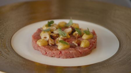 Chef Iside De Cesare's Beef tartare with hazelnut mayo and extra virgin olive oil.   (credit: National Geographic)