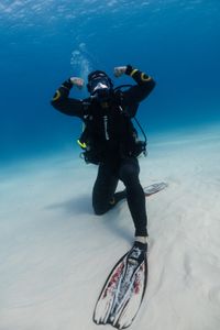 Extreme athlete Ross Edgley comes face to face with four giants of the shark world. In the Bahamas he meets the endangered great hammerhead and the 14.7 foot Queen! (National Geographic/Nathalie Miles)