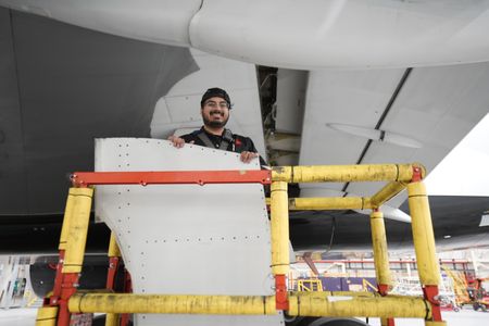 Junior Aircraft Maintenance Engineer, Air Canada, Sameer Baboolal at the Air Canada Hangar. (Arrow International Media Ltd & Cantina Media)