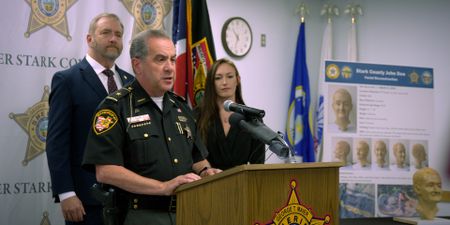 Stark County Sheriff's Office (L to R: Ohio Attorney General Dave Yost, Sheriff George T. Maier, and Samantha Molnar) announces the identity of the unknown man found in Canton Township in 2020. (National Geographic)