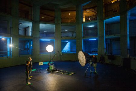 Diva Amon and crew observing the space at the studio lab shoot. (National Geographic/Aubrey Fagon)