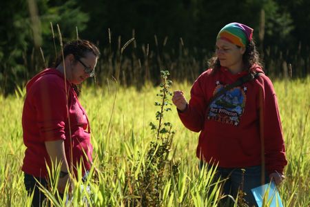 Breanna Miethe and Veronica Arrants pick berries. (National Geographic/Wayne Moss)