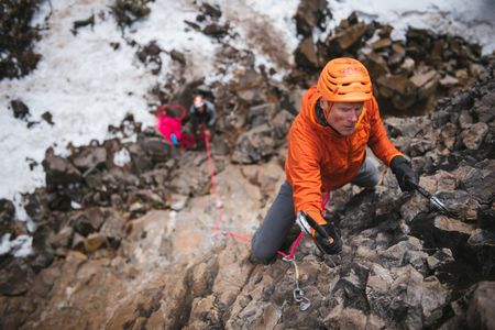 Bozeman, MT - Conrad Anker climbing in Hyalite Canyon. (National Geographic/Max Lowe)