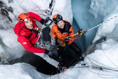Alex and Heidi inside the moulin. (photo credit: National Geographic/Pablo Durana)