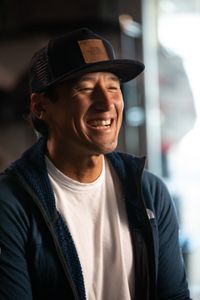 Filmmaker and climber Jimmy Chin  prepares to film his interview.   (photo credit: National Geographic/Teague Wasserman)