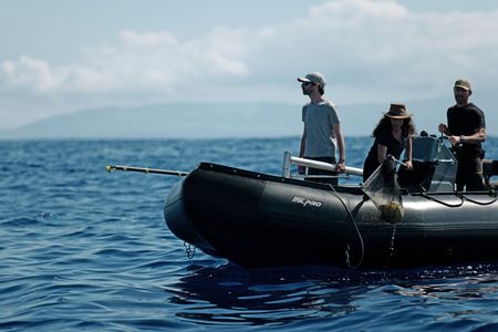 Rui Prieto looks onward as Melissa Marquez pulls in the buoy with a net and Aldo Kane steers the Zodiac. (National Geographic/Mario Tadinac)
