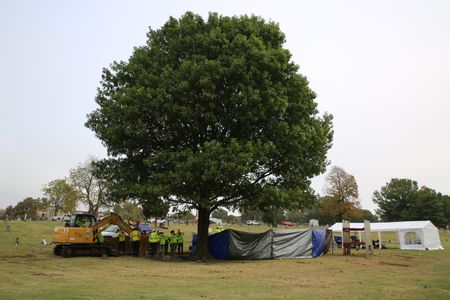 A team of archaeologists excavates Oaklawn Cemetery in Tulsa, OK, searching for unmarked graves. In October 2020, the team uncovered unmarked mass graves in the cemetery, thought to belong to the victims of the 1921 race massacre. (National Geographic/Lisa Hendin)