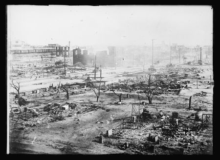 An archival image shows some of the destruction caused during the 1921 Tulsa Race Massacre. (Library of Congress)