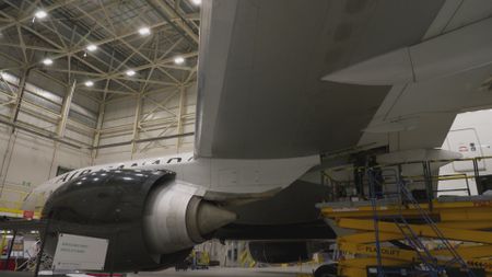 Aircraft Maintenance Engineers investigate a fuel leak on a Boeing 777 airliner inside  Toronto Airport's Air Canada Hangar. (Arrow International Media Ltd & Cantina Media)