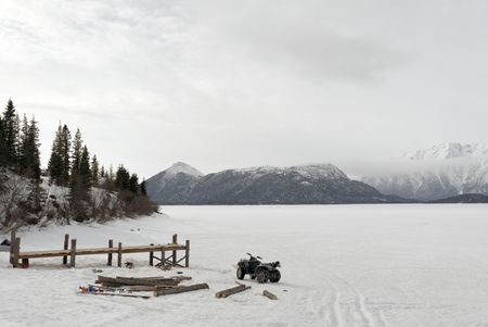 Joel Jacko builds a dock in the winter season. (National Geographic/Wayne Shockey)