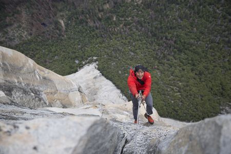 Jimmy Chin ascends a fixed line up Freerider on El Capitan after shooting Alex Honnold.   (National Geographic/Samuel Crossley)