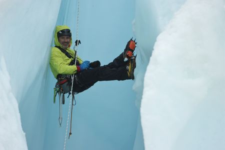 Mikey Schaefer hanging out in a moulin. (photo credit: National Geographic/Matt Pycroft)