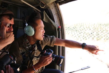 Petra, Jordan - Albert Lin (R) and Dr Robert Bewley exploring Petra, Jordan in the Black Hawk. (National Geographic)