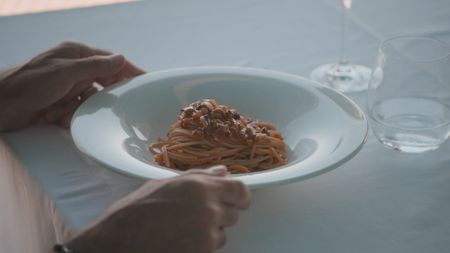 TUCCI IN ITALY - “Le Marche” - Shot of Da Emilia’s signature dish: spaghetti with moscioli, a local variety of mussels. (National Geographic)TUCCI IN ITALY