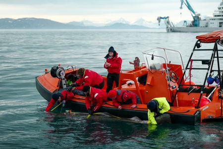 Eric Ste-Marie, Cameraman Jamie Holland, Aldo Kane, Melissa Marquez, Nigel Hussey, and Crew Josh Palmer work to tag a Greenland Shark off the side of the FRC. (National Geographic/Mario Tadinac)