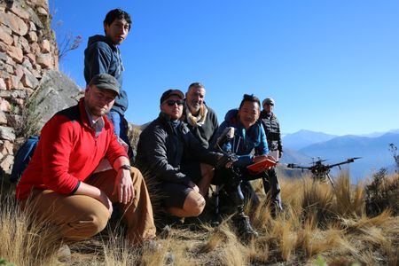 Cusco, Peru - Thomas Hardy, Adan Choqque Arce, Joseph Steel, Duncan Lees, Albert Lin and Alonso Arroyo launch the LiDAR drone at Wat'a in Peru.  (National Geographic)