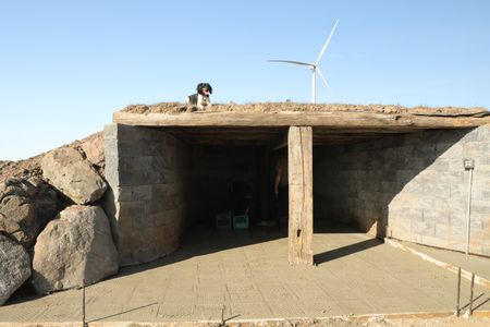 Dax, Ben's dog, lays on top of the Pol family farm's sheep hut as Ben Reinhold and Charles Pol use plastic crates to create grooves in the wet concrete. (National Geographic)