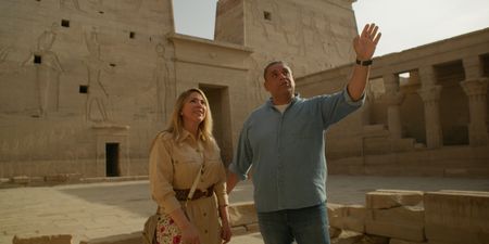 Kathleen Martinez, left, and Mohammad Nabil with the tomb behind them. (credit:  National Geographic)