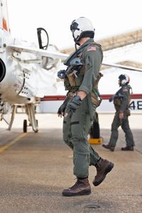 Student 1st LT Austin Claggett on his way to his jet prior to one of his flights. (Credit: National Geographic/Freddie Claire)