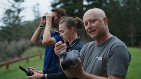 Sharks experts Charlie Huveneers, Lauren Meyer and Adam Barnett prepare to launch a camera hidden in a bird, as they investigate whether Tiger Sharks in Norfolk Island are feeding on birds.   (National Geographic)