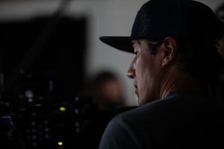 Filmmaker and climber Jimmy Chin  prepares to film his interview.   (photo credit: National Geographic/Teague Wasserman)