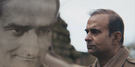 A composite image shows Captain Anis Khan next to actor Shammi Aulakh portraying him in a WW2 historic reenactment scene for "Erased: WW2's Heroes of Color." Captain Anis Khan served courageously in Dunkirk and spent nearly four years as a prisoner of war – the longest of any Indian officer in WW2. (National Geographic)