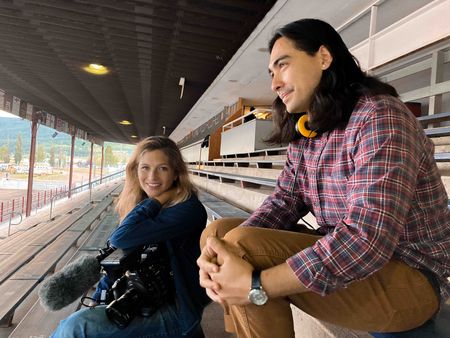 Directors Emily Kassie and Julian Brave NoiseCat after filming at the Williams Lake Stampede. (Credit: Sugarcane Film LLC)