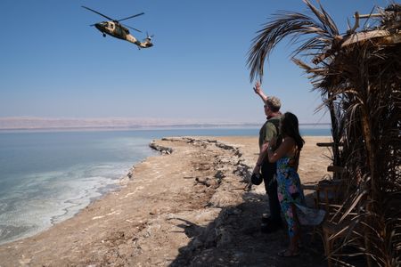 Gordon Ramsay and Chef Maria Haddad wave to the helicopter. (National Geographic/Justin Mandel)