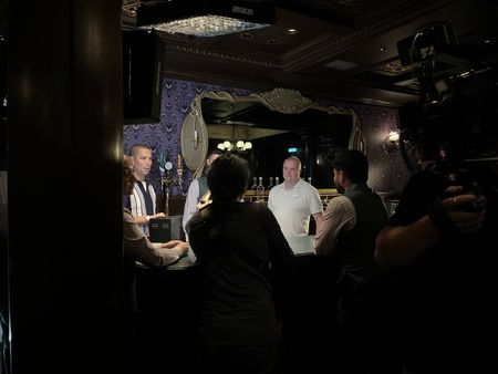 Bartenders learn how to make the intricate cocktails of the Haunted Mansion Parlor, a new bar and lounge on the Disney Treasure. (credit: National Geographic/Jenn Brehm)