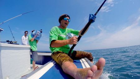 Gloucester, MA - Captain Tyler McLaughlin, Producer/Cameraman Trevor Hudson and First Mate Nick "Duffy" Fudge aboard the Pinwheel.(PFTV)