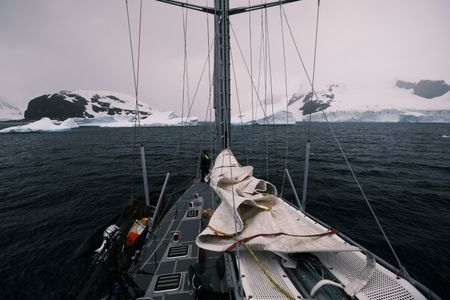 The expedition yacht 'Vinson of Antarctica' heading through icebergs searching for Orca. (National Geographic for Disney/Kenneth Perdigon)