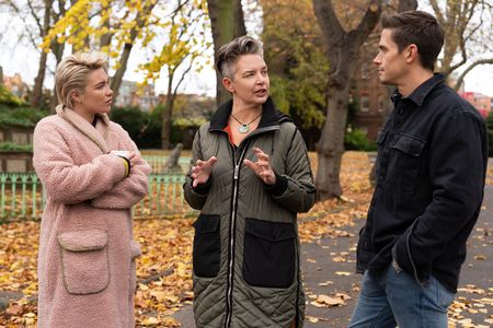 Florence Pugh, Megan Owens and Antoni Porowski walk and talk in St Pancras Gardens. (National Geographic/Chris Raphael)