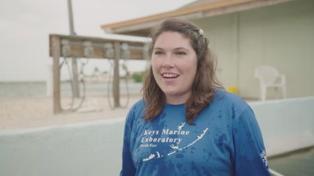 Dr. Lauren Eve Simonitis, expert, explaining the upcoming tonic immobility experiment her and Stephen Kajiura, expert, are going to be conducting on Bonnethead sharks. (National Geographic)