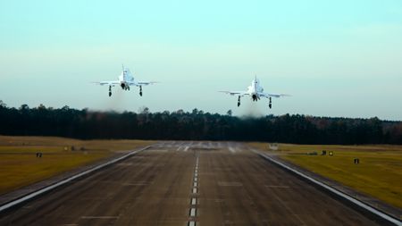 Student Capt. Steph Harris and CDR 'Duster' Estrada take off for a dogfight test. (Credit: National Geographic)