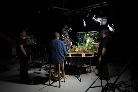 Kevin Flay, Graham Smith and Andy Bourne filming African moon moth caterpillars in the studio. (National Geographic/Kate Laurie)