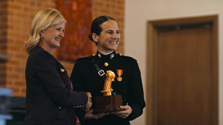 Capt. Steph Harris is awarded the Golden Stick Award. (Credit: National Geographic)