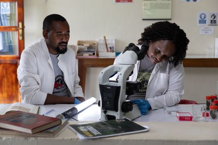 National Geographic Explorer Dr. Gladys Kalema-Zikusoka and wildlife health technician Annaclet Ampeire analyze mountain gorilla dung under microscope in the laboratory. (National Geographic/Martha Mutiso)