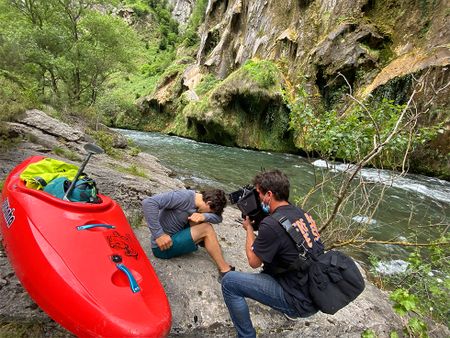Cinematographer Alfredo DeJuan films Gerd Serrasolses as he demonstrates how he visualizes before running a rapid.  (National Geographic/Gene Gallerano)