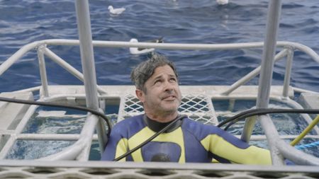 Ryan Johnson, expert, coming up from the dive cage and explaining how all the fish are attracted to the chum side of their experiment on the charter boat. (National Geographic)