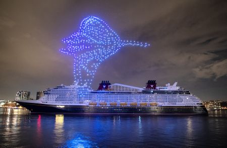 Disney Cruise Line welcomed its new ship, the Disney Treasure, during a spectacular waterfront christening celebration Tuesday evening on the Hudson River in New York City. One-thousand drones are sychronized to dramatize the story of the Disney Treasure during a spectacular christening celebration.  (Disney)
