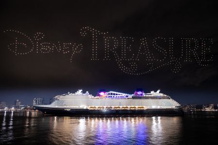 Disney Cruise Line welcomed its new ship, the Disney Treasure, during a spectacular waterfront christening celebration Tuesday evening on the Hudson River in New York City. (Disney)