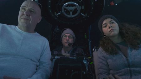 Nigel Hussey, the OceanXplorer's submersible pilot, and Melissa Marquez are down in the submersible on the search for Greenland sharks.(National Geographic)