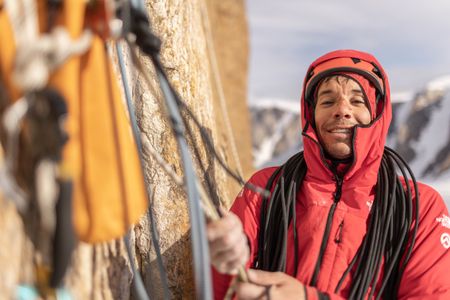 Alex Honnold displays a bloody nose after being hit by icefall while ascending Pool Wall in Eastern Greenland.  (photo credit: National Geographic/Pablo Durana)