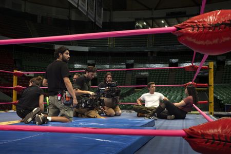 Behind-the-scenes as Antoni Porowski meets with Lucha Libre wrestler Persephone. (National Geographic/Amy Browning)